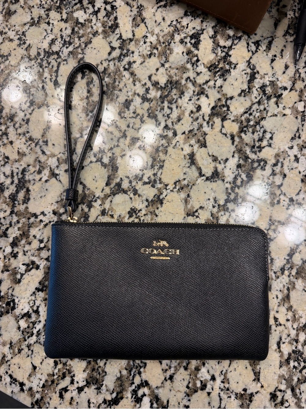 Coach Black Leather Wristlet with Gold Logo